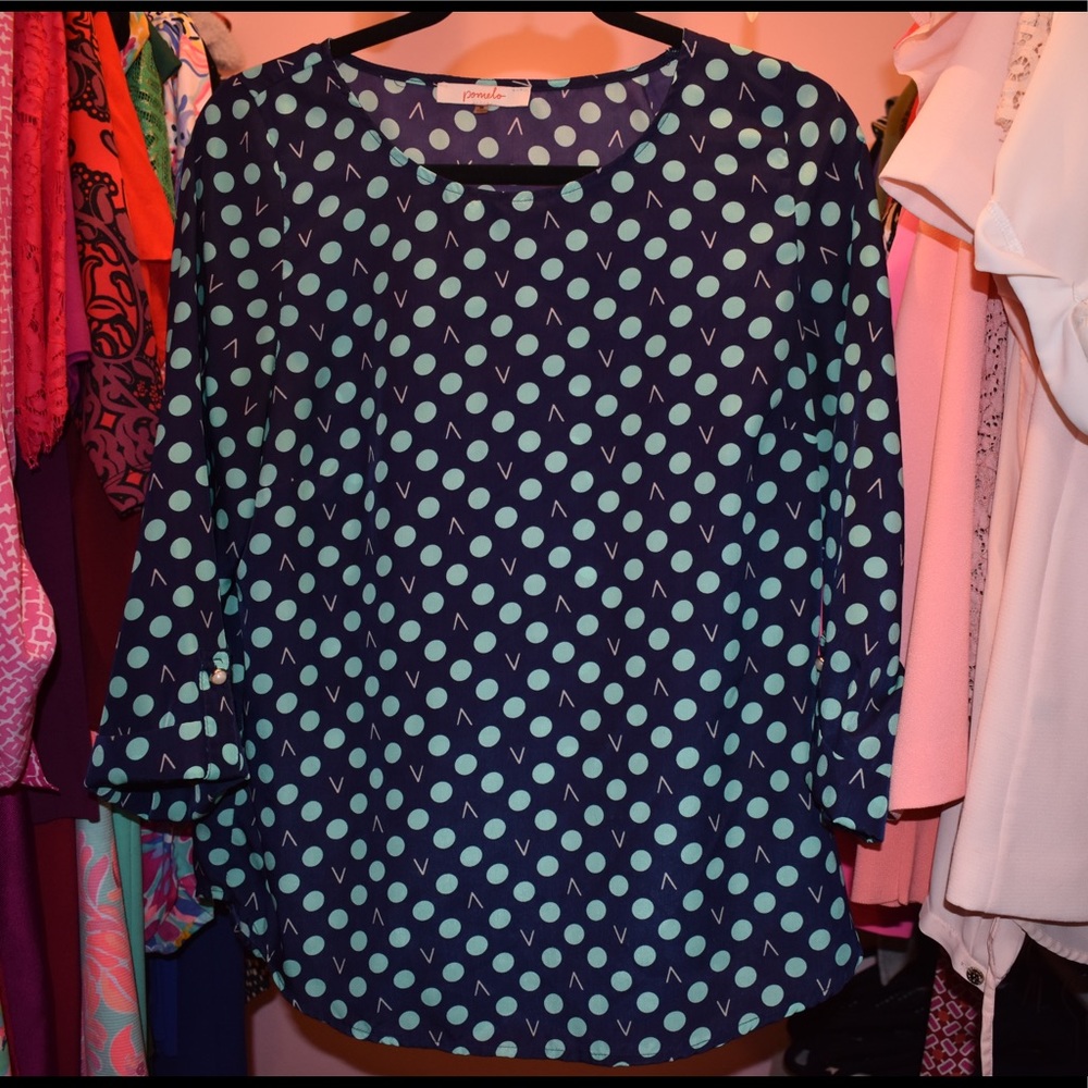 Pomelo medium navy blue teal polka dot blouse